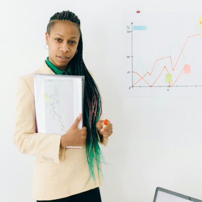 Confident analyst presenting financial data and growth charts in a modern office setting.